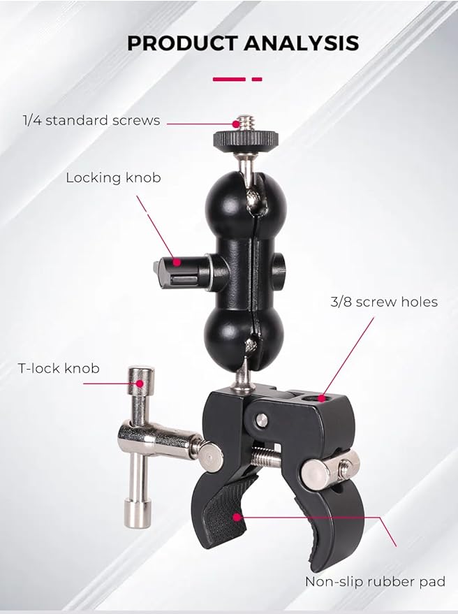 Double Ballhead Magic Arm Camera Clamp Mount Monitor Mount Bracket with Super Clamp with 1/4" and 3/8" Thread for DSLR Camera Rig, LCD Monitor, LED Flash Lights