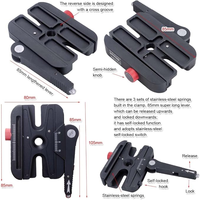All-Metal Quick Self-Locked Long Lever Clamp Converter Adapter with Knob Fine-Tuned, Compatible with Manfrotto 200PL Camera Plate & Arca-Swiss Fit Camera Quick Release Plate and Arca Fit Tripod Head