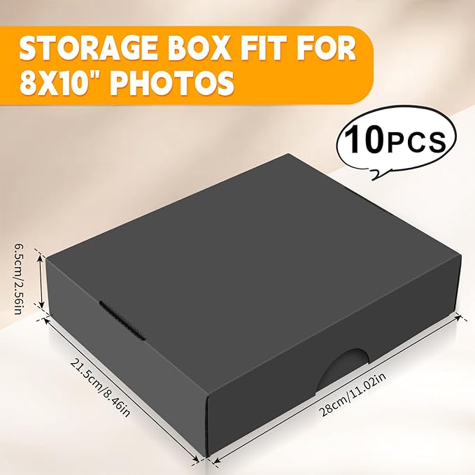 10 PCS Photo Storage Box for 8"x10" Pictures, 11“ x 8.5“ x 2.6“ Large Thick Cardboard Box, Scrapbook Storage Box with Lid, Photo Organizer Box for Protecting Scrapbooks, Photo, Stickers, Stamps(Black)