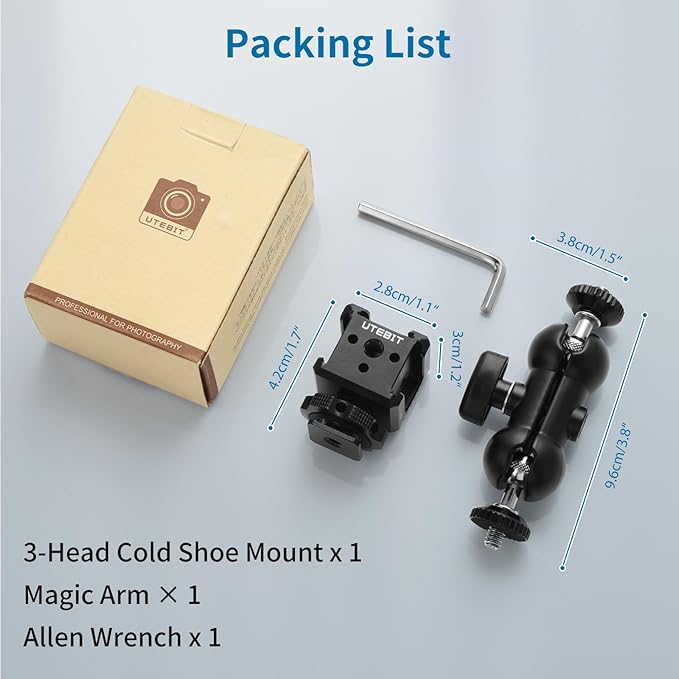 UTEBIT 3 Port Cold Shoe Mount with 1/4"-20 Thread , Cold Shoe Extension Bracket with 3.8" Magic Arm Dual 1/4 Screw Head Adapter 360° Rotatable, for Camera Cage Flash LED Monitor Microphone, Black