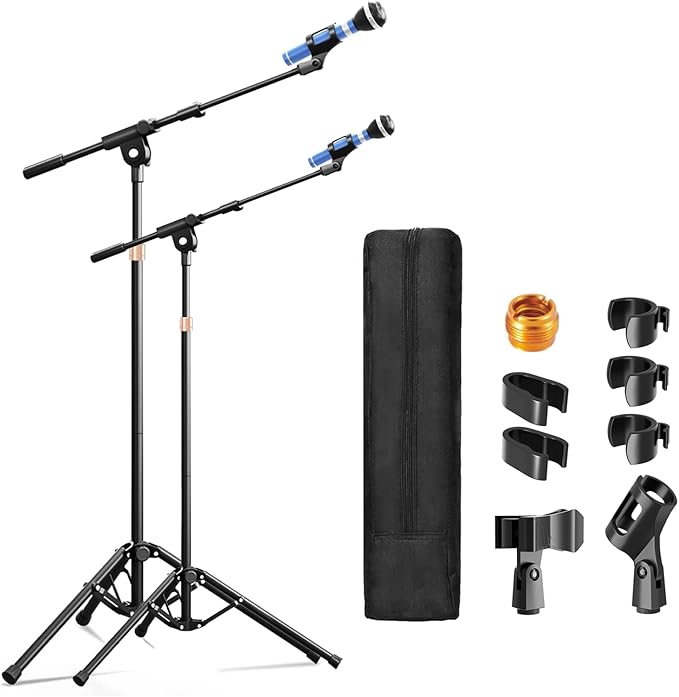 Microphone Stand, 2 Pack Tripod Boom Arm Floor Mic Stand Heavy Duty Height Adjustable with Carrying Bag 2 Mic Clips 3/8" to 5/8" Adapter for Singing Podcast and Stage