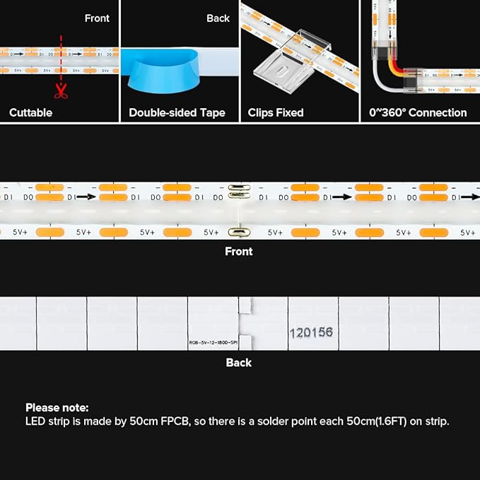BTF-LIGHTING FCOB COB WS2811(WS2812B) IC RGB 180LED/m 540IC LED Strip DC5V 9.8FT Individual Addressable Flexible High Density Uniform Light Dream Chasing Color 10mm Width(NO Adapter or Controller)