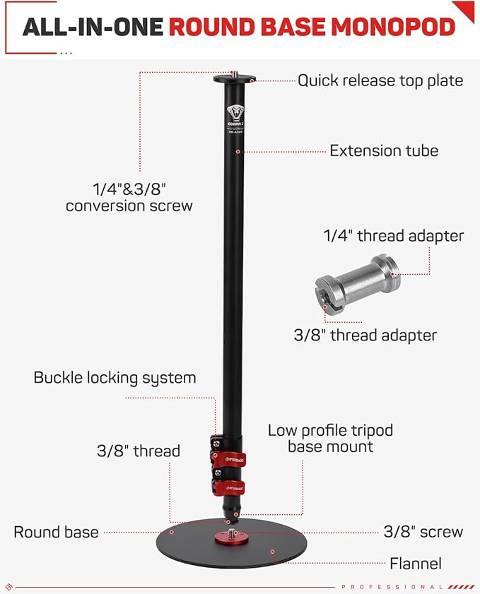 IFOOTAGE Round Base Monopod A300, 60" Camera Tripod Monopod Aluminum Studio Camera Stand with 1/4'' & 3/8'' Screw/Light Adapter for Camera, Tripod Head, RingLight, Streaming, Interview, Payload 22lb