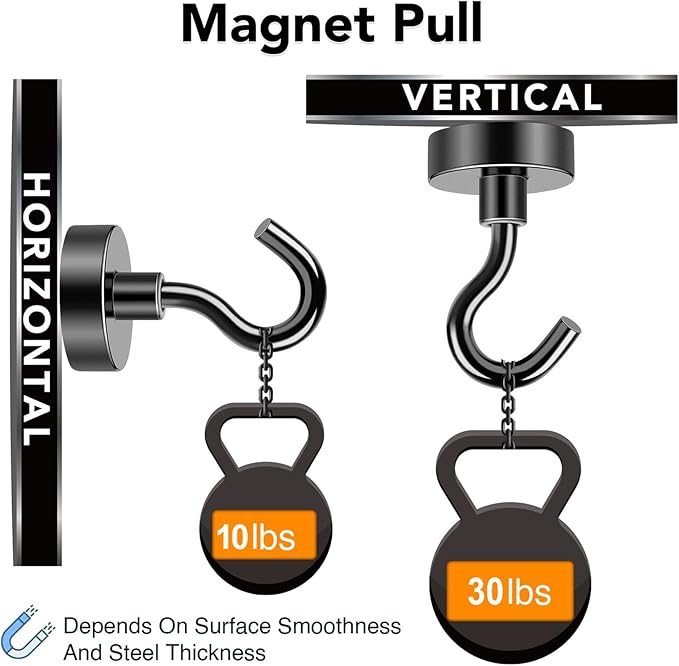 MIKEDE Magnetic Hooks, 30Lbs+ Black Heavy Duty Earth Magnets with Hook for Refrigerator, Strong Neodymium Magnetic Cruise Hooks for Hanging, Curtain, Grill and Kitchen - Pack of 4