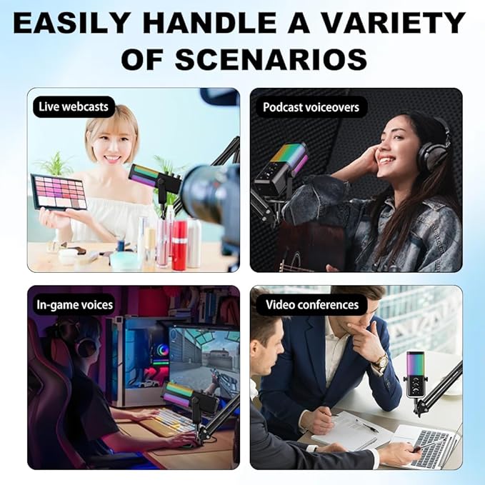 USB Gaming Microphone with Boom Arm - Professional RGB Condenser Mic for PC/PS5 - Triple-Knob Control (Mic Gain, Headphone Vol, Monitor Mix) - Zero Latency Streaming Kit
