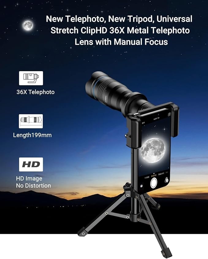 Evil eye 36X Telephoto Lens, High Power HD Telephoto Phone Lens with Tripod and Phone Clip for Android & iPhone, Samsung and Most Smartphone