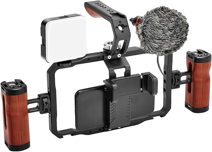 Smartphone Video Rig Kit with Handle, Aluminum Alloy Detachable Dual Wooden Handles Phone Video Stabilizer Grip Tripod Mount for Vlog Video Live Streaming