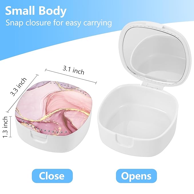 Retainer Case With Mirror and Ventilation Holes - Mouth Guard, Denture, Orthodontic Aligner, Night Guard - Pink Marble