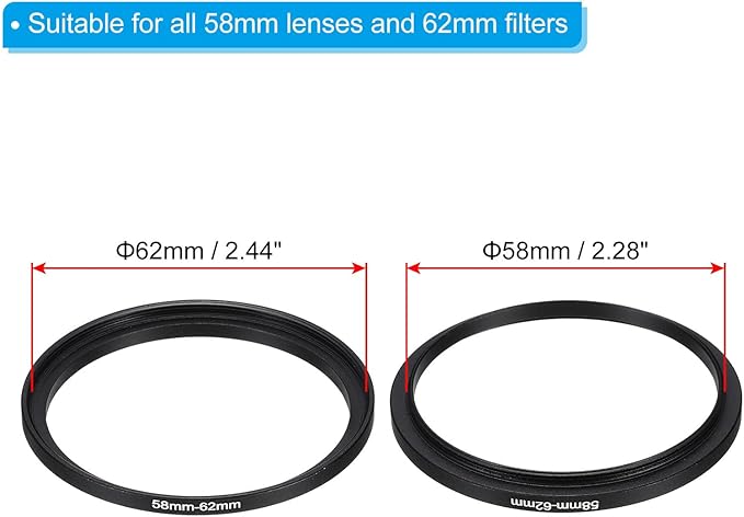 PATIKIL 58mm-62mm Metal Step Up Ring with Cleaning Cloth, 2 Pack Camera Lens Filter Adapter Ring Aluminum Filter Adapter Ring for Camera Lenses Hood, Black