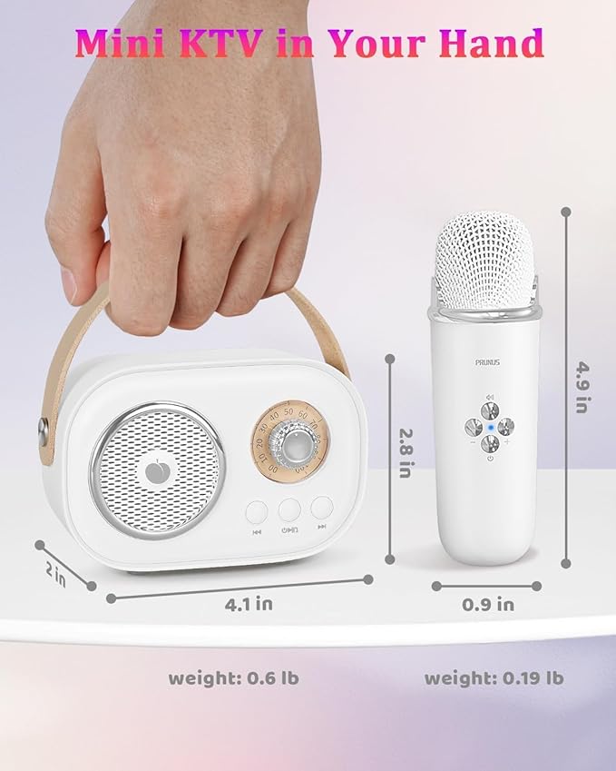 PRUNUS C20 Mini Karaoke Machine,Valentines Day Gifts for Her Him Kids Mens,Portable Bluetooth Speaker with 2 Wireless Microphone for Boys Girls 3-12+ Years Old Birthday Party White