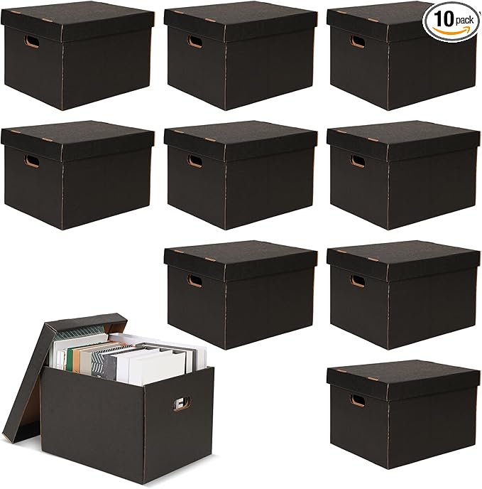 Kritkin 10 Pcs Archival Storage Cartons Bulk, 15 x 12 x 10 Inch Acid Free Buffered Corrugated Board Ready-To-Assemble Photo Storage Box for Storing Documents Magazines Photos Cards(Black)