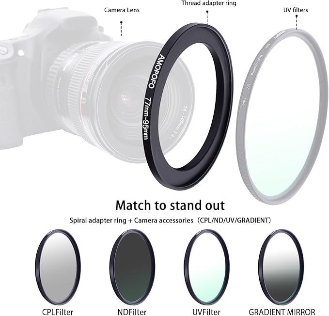 77mm Lens to 95mm Camera Filter Ring,Compatible with All 77mm Camera Lens & 95mm UV,ND,CPL Lens Hood Accessories,Made of CNC Machined Aluminum(77-95mm)
