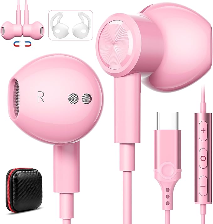 USB C Headphones with Microphone for iPhone 17 Pro Max 17e 16e 16 15 Plus,Type-C Headphones for Google Pixel 10a Wired Earbuds Magnetic Sport Earphone for iPad/OnePlus 15/Samsung S26 S25 Flip 6 Fold 7