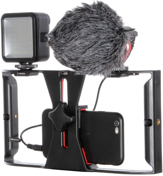 FocusFoto Smartphone Video Rig Camera Cage Mount Holder Stabilizer Handle Grip with BOYA by-MM1 Shotgun Microphone Mic + 49 LED Light Kit for Mobile Phone iPhone Filmmaking Professional Videomaker