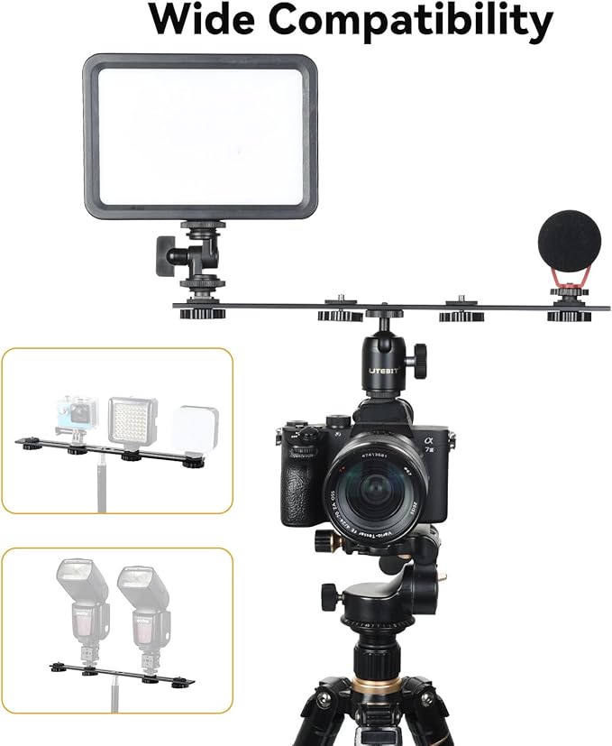UTEBIT 13 inch Flash Bracket, Long Dual Camera Mount Flash Bracket Extension Bar with 1/4“ Hot Shoe, Straight Flash Brackets 1/4-3/8 Thread Hole Tripod Mount for Camera/LED Light/Microphone