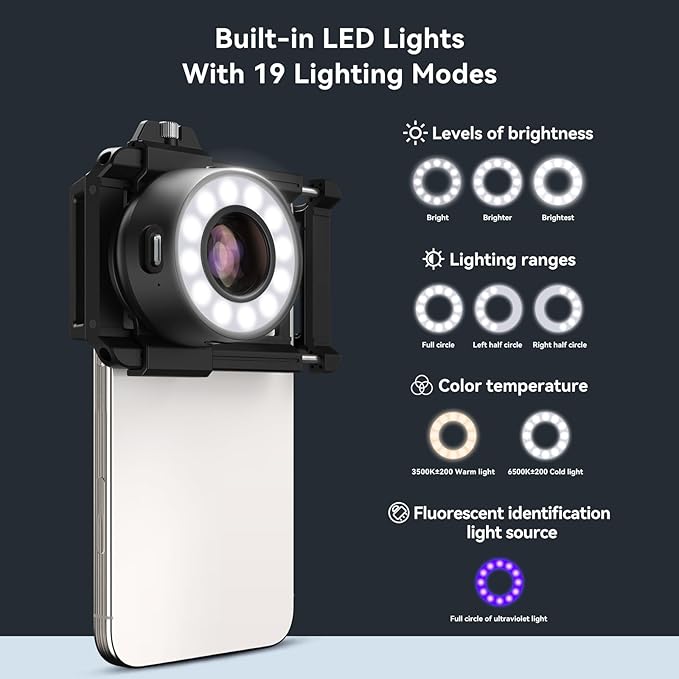 APEXEL 120X Phone Microscope Lens, Jewelers Loupe Magnifier with Eyecup/Illuminated LED Light/Universal Clip, Compatible with iPhone/Android Gems, Jewelry, Coins, Portable Mini Pocket Microscope