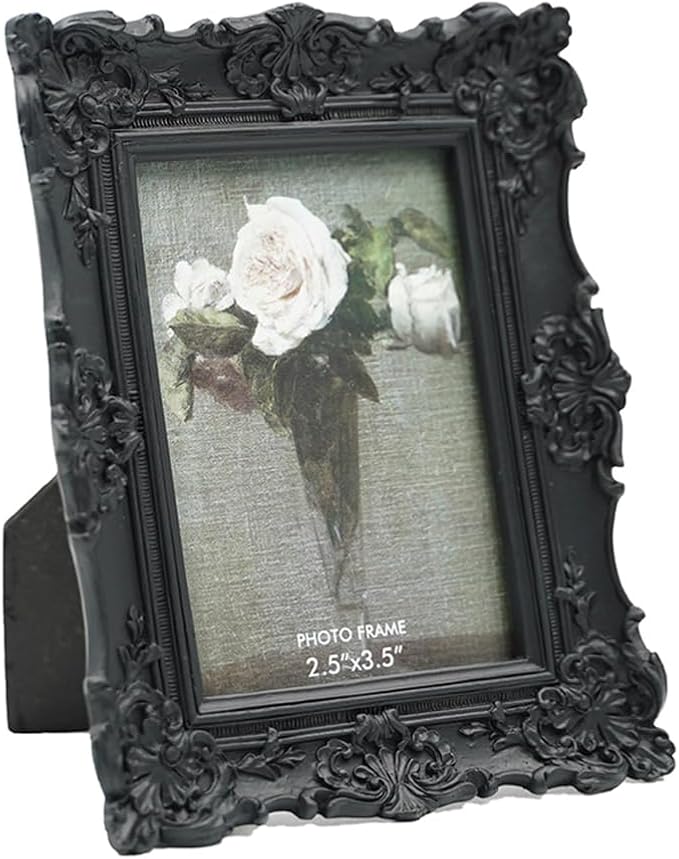 CISOO 2.5x3.5 Vintage Small Picture Frame, Antique Ornate Black Wallet Size Photo Frame for Table Top and Wall Display, Decorative Floral Design Retro Home Decor, Photo Gallery Art