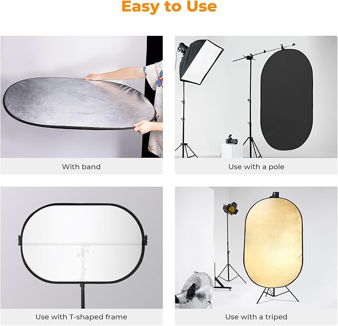 K&F CONCEPT 40" x60”(100x150cm) 5-in-1 Oval Foldable Reflector with Carrying Bag, Gold, Silver, Black, White Reflective Fabric and Translucent Soft Fabric for Studio Lighting