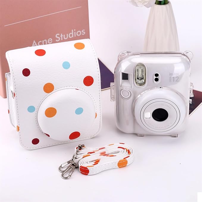 Frankmate Protective Case Compatible with Mini 12 11 9 8 Instant Film Camera with Pocket and Adjustable Strap (Polka Dot)