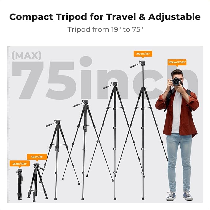 K&F CONCEPT Camera Tripod, 75" Lightweight Portable Travel Outdoor DSLR Tripods for Camera Phone Video Recording Tripod Stand, Cellphone Clip for Smartphone Live Streaming Vlog, Black