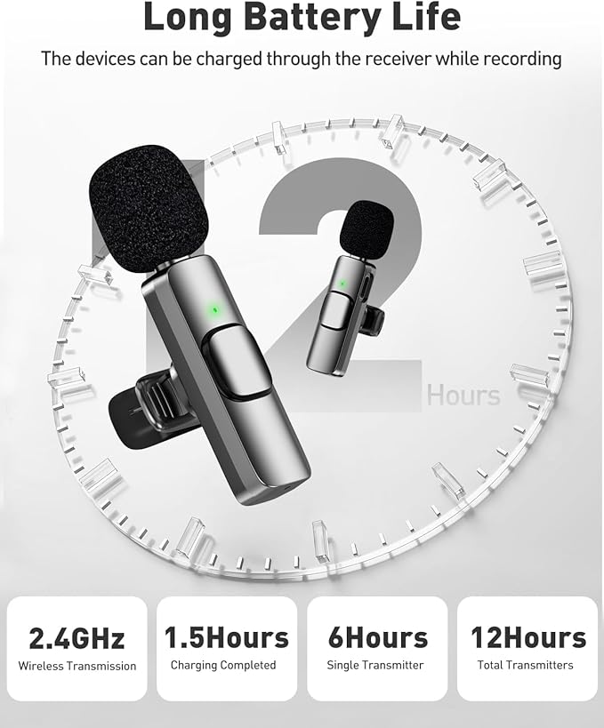 PoP voice USB C Mini Microphone for iPhone 16/15/14/Android, Wireless Lavalier Microphone with Noise Reduction, Lapel Lav Mic for Vlog YouTube TikTok Recording, 12H, 65ft