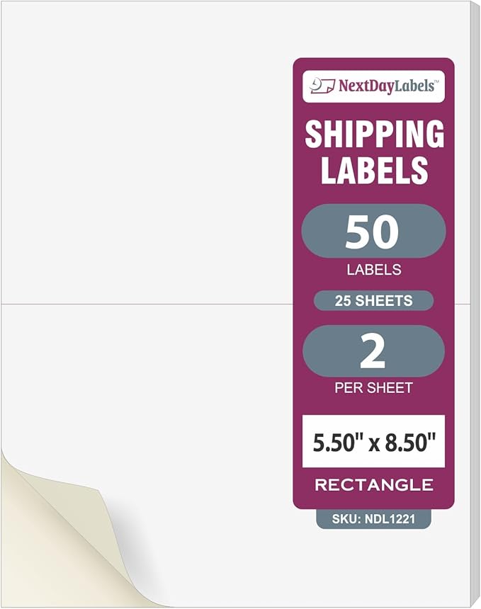 NextDayLabels Half Sheet Shipping Labels 5.5" x 8.5" – Printable Blank Labels for Laser & Inkjet Printers, White Self-Adhesive Stickers, 2 Per Page for Ship, FBA, UPS & FedEx, Made in USA, 25 Pack