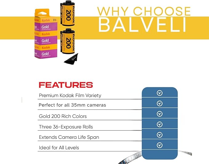 Kodak Gold 200 35mm Film Bundle, 3 Rolls, 36 Exposures Each, for 35mm Film Camera Includes Balveli Premium Microfiber Cloth - Kodak Gold 3 Pack