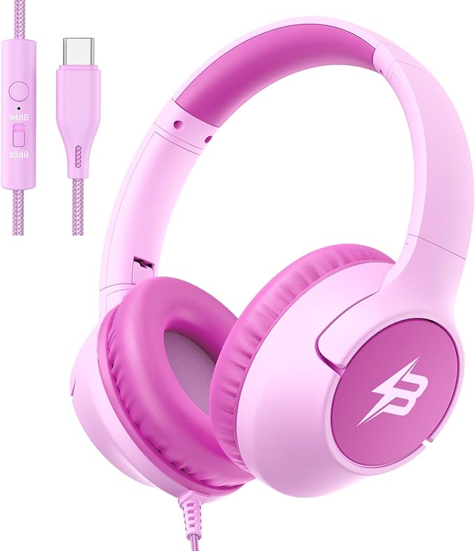Kids Headphones Wired with USB C Plug, 85/94 dB Volume Limit, USB Type C Headphones for Kids Boys Girls, Foldable Stereo Sound Over Ear Wired Headphones for School/Tablet/Travel, Fuscia Pink
