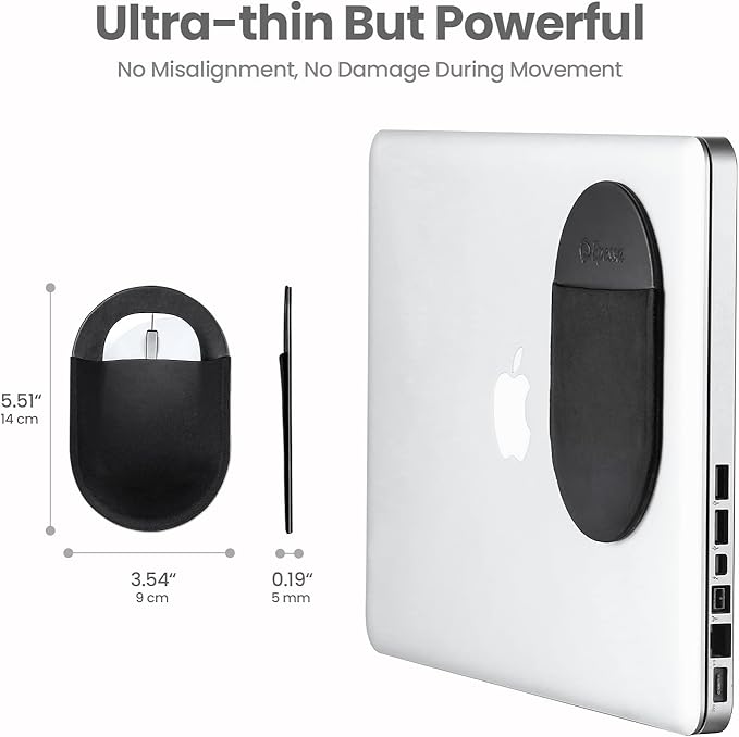 Epessa Universal Stick-On Mouse Pouch, Holder for Wireless Mouse, Sleeve for Laptop, Reusable Adhesive, No Glue Residue, Compatible with iPad or MacBook (Black)