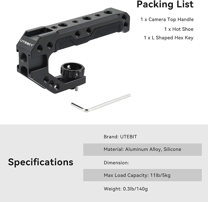UTEBIT Camera Top Handle with 3/8" ARRI Locating Pins for Camera Cage, Universal Camera Grip Top Handle Lightweight, 1/4" Screw & 3 Cold Shoes Compatible with SmallRig Handles Camera Cages Video Rigs