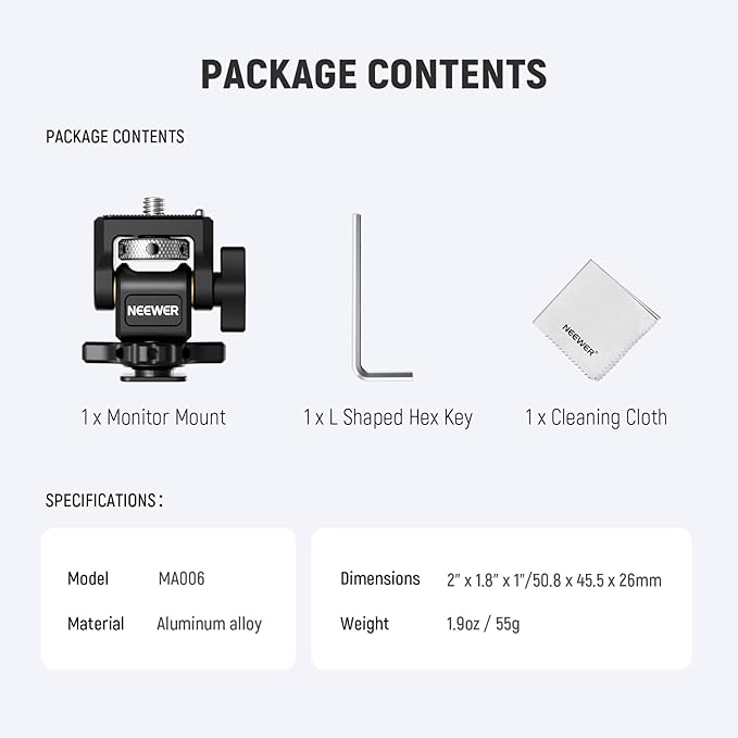 NEEWER Cold Shoe Camera Monitor Mount with Anti Twist 1/4" Screw Compatible with Atomos Ninja V, 5" & 7" Field Monitor, 360° Swivel 180° Tilt with Adjustable Damping, MA006
