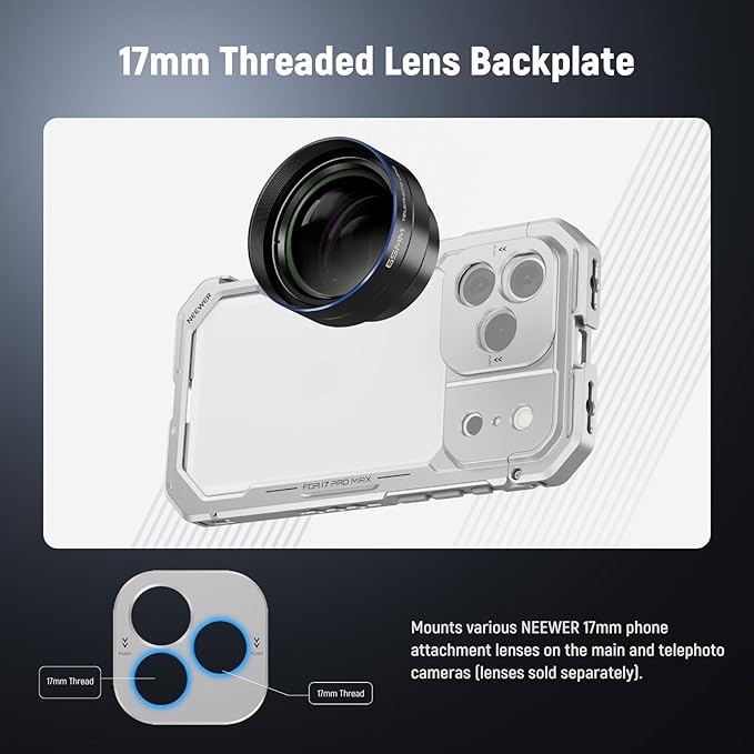 NEEWER 17 Pro Cage, Quick Release Video Rig Phone Stabilizer Compatible with iPhone 17 Pro with 67mm Filter Ring, 17mm Lens Backplate, T Mount Adapter Compatible with Moment, Silver, PA143