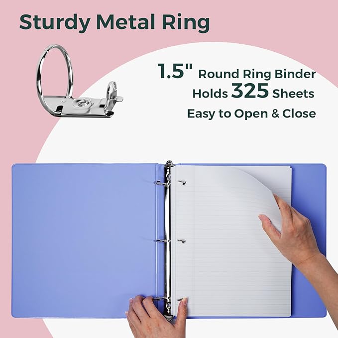 POPRUN 3 Ring Binder 1.5 Inch, PVC-Free, Holds 325 Sheets of 8.5 x 11 Paper, Extra Durable Organizer with 2 Pockets for School & Office, Heavy-Duty, 4 Pack, Multicolor