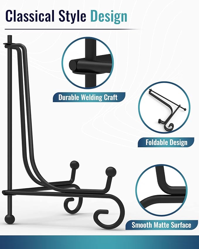 Lzerking Iron Display Stand 5 Packs, 8 Inches Plate Stand Picture Stand Photo Stand for Display, Black Foldable Easel Stand Holder for Photo Frame, Artwork, Collection, Decorative Plate, Book, Office