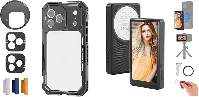NEEWER PA144 (Black) Phone Cage Compatible with iPhone 17 Pro Max + M4B Basics 4"" Magnetic Vlog Selfie Monitor Screen, Quick Release Video Rig Stabilizer Accessories with 67mm Filter Ring