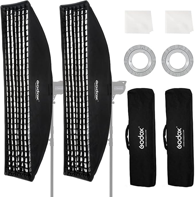 Godox 2PCS FW30x120cm/12 x47 Bowens Mount Strip Honeycomb Grid Softbox,Detachable Strip Soft Box with Bowens Mount Speedring,Curved Grid Softbox for Studio Strobe Flash Portrait Product Photography