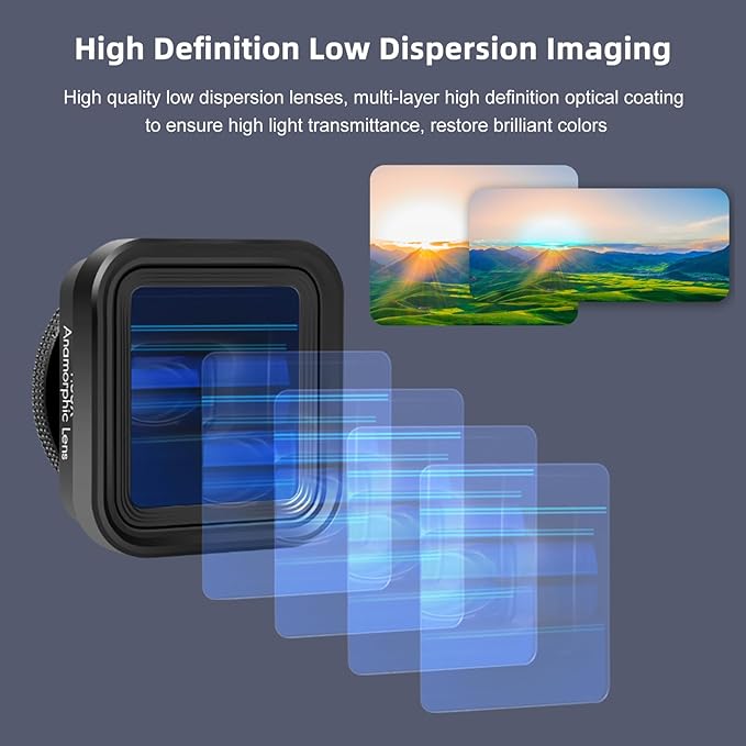 Andoer Anamorphotic Film Lens for Mobile Phones 1.55X Deformation Film Lens Phone Film Lens with Universal Lens Clips Carrying Case Replacement for iPhone 15/14/13/12/11