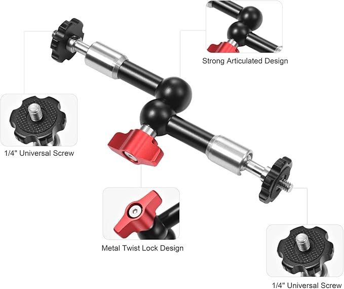 Camnoon 7 Inch Adjustable Articulating Friction Magic Arm Flexible Extension Bracket Aluminum Alloy with Dual 1/4 Inch Screw 360° Rotatable for Video Monitor LED Light Flash