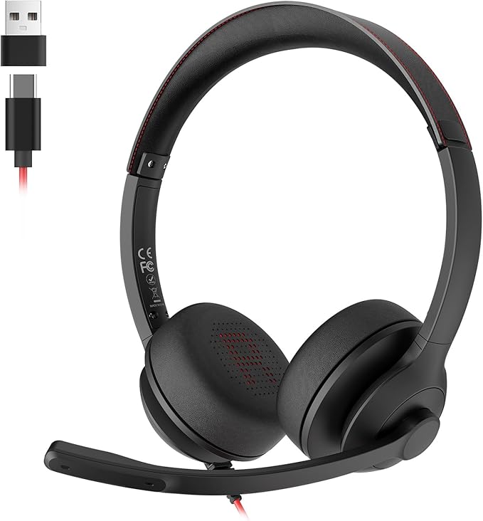 USB Headset with Microphone for PC/Laptop, Wired Headphones with Noise Cancelling Mic, USB C & USB A, All-day Comfort, Lightweight Computer Headset for Home Office, Call Center, School, Remote Work