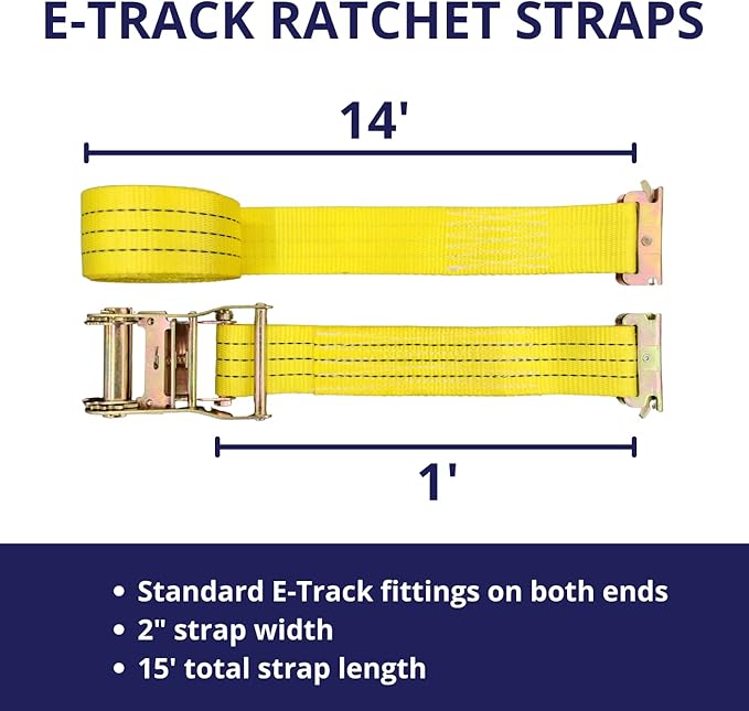 E-Track Ratchet Tie Down Straps, 2 in x 15 ft, 4,400 lb Breaking Strength, 2-Pack