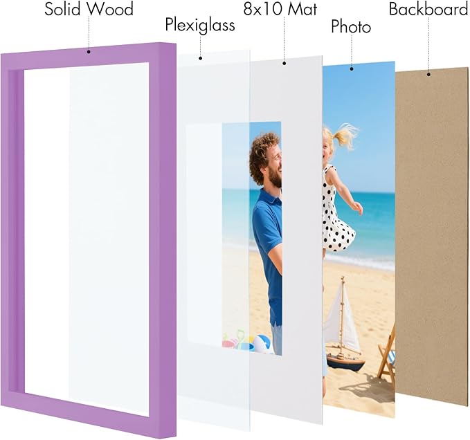 Vittanly 11x14 Picture Frame, Made of Solid Wood and Shatterproof Plexiglass, Display Pictures 8x10 with Mat or 8x10 without Mat, Wooden Photo Frame for Wall Mounting or Tabletop, Purple, 1 Pack