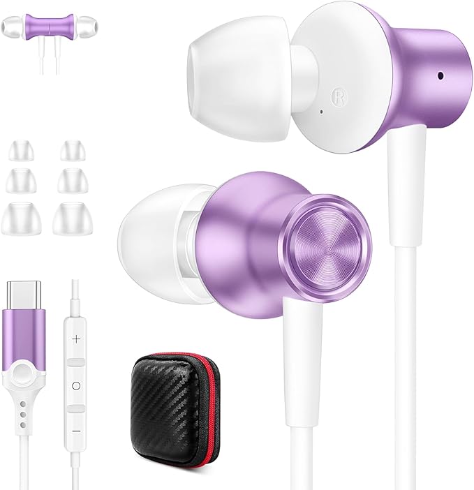 Jiunai USB C Headphones for iPhone 17 Pro Max Type C Wired Earbuds with Mic in Ear Magnetic Noise Isolation Stereo AUX Audio Corded Earphones for Samsung S26 S25 iPhone 16 15 for iPad Pixel 10 Purple