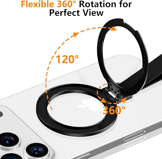 Dual-Side Magnetic Ring Holder with Silicone Strap,for MagSafe Magnet, 360 Rotation Adjustable Kickstand for iPhone 17/16/15/14/13/12 Air/Pro/Pro Max, Pixel 10,Galaxy S25 S24 (H-01 Black)