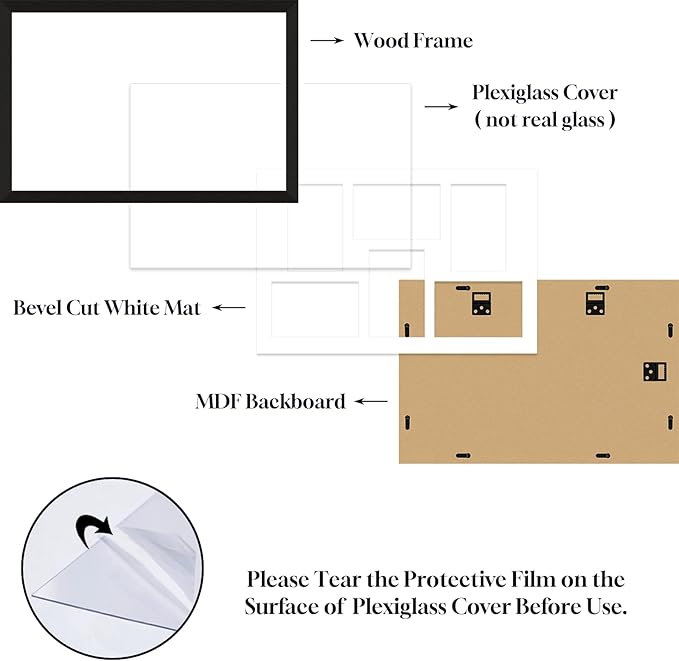 4x6 Picture Frame Collage 6 Openings, Multi Photo Collage Frame 11.5x17.5 Gallery Wall Decor Wooden, Black Frame with White Mat, Wood
