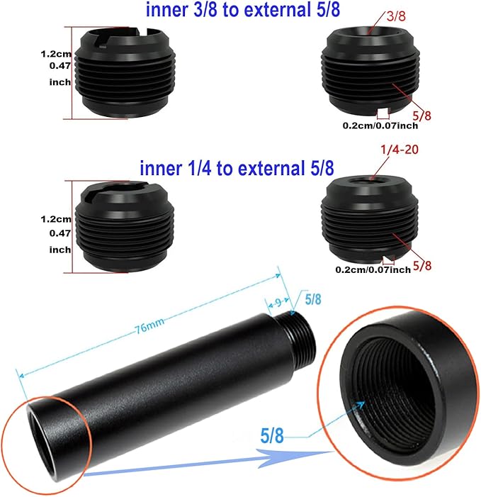 13 Pack Microphone Stand Adapter Screws with Extension Tube,Black Aluminum Alloy,3/8 to 5/8 and 1/4 Threaded Screw Mount for Mic Boom Arm,Camera Tripod,Projector Stand Arm,Fill Light