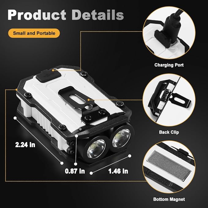 Mini EDC Flashlight, Small Powerful Keychain Flashlight with Sidelight, High Lumens 800lm, USB-C Rechargeable, keychain light with clip - 8 Mode, IPX4 Waterproof, for hiking, running, White 2Pack