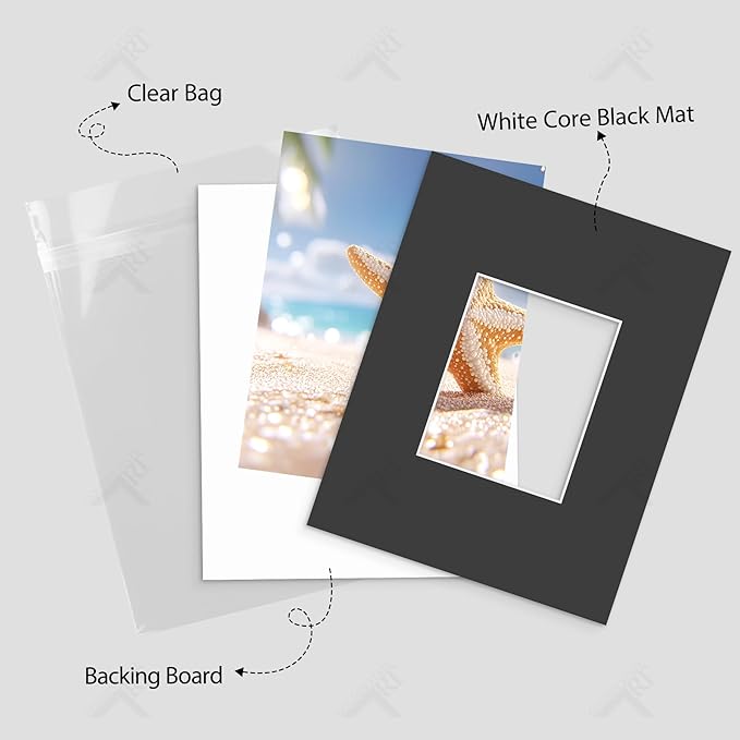 Golden State Art, Acid Free, Pack of 5, 16x20 Black Picture Mats Mattes with White Core Bevel Cut for 8x10 Photo + Backing + Bags