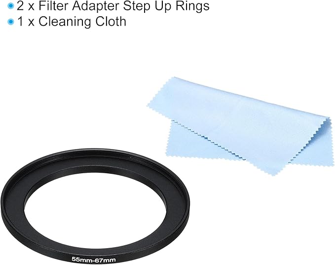 PATIKIL 55mm-67mm Metal Step Up Ring with Cleaning Cloth, 2 Pack Camera Lens Filter Adapter Ring Aluminum Filter Adapter Ring for Camera Lenses Hood, Black