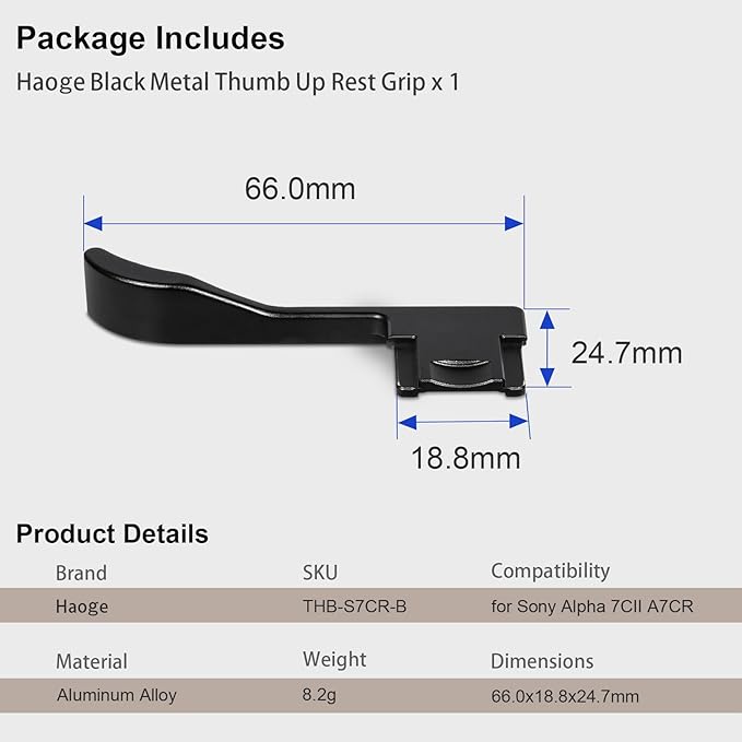 Haoge Metal Thumb Grip for Sony α7cii,Alpha 7CR,ILCE-7CR,Digital Camera Accessories Black Hot Shoe Thumb Up Rest Handle Grip THB-S7CR-B