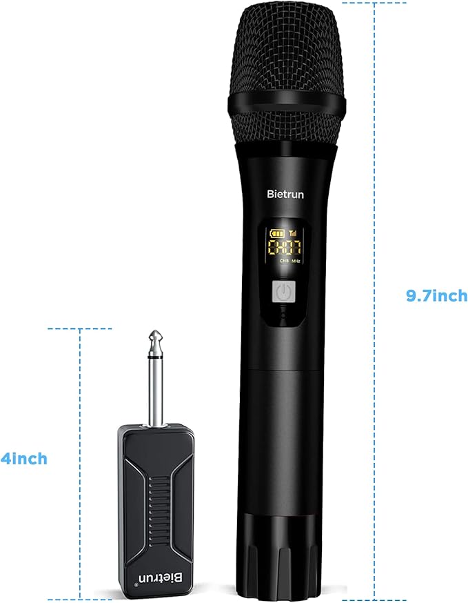 Bietrun Wireless Microphone, Dynamic Microphone with Rechargeable Receiver, Auto Connect,All Metal Design,160ft Range,Cordless Mic for Karaoke Machine,Amplifier Speaker,Mixer,iPhone,Camera, Interview
